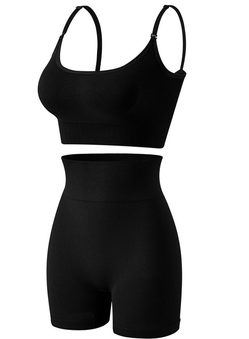 Loquat Women's Solid Color Sport Fitness Lingerie Set 2-piece Seamless Wireless Bra+High Waist Boxer Shorts Sport Suit Black 