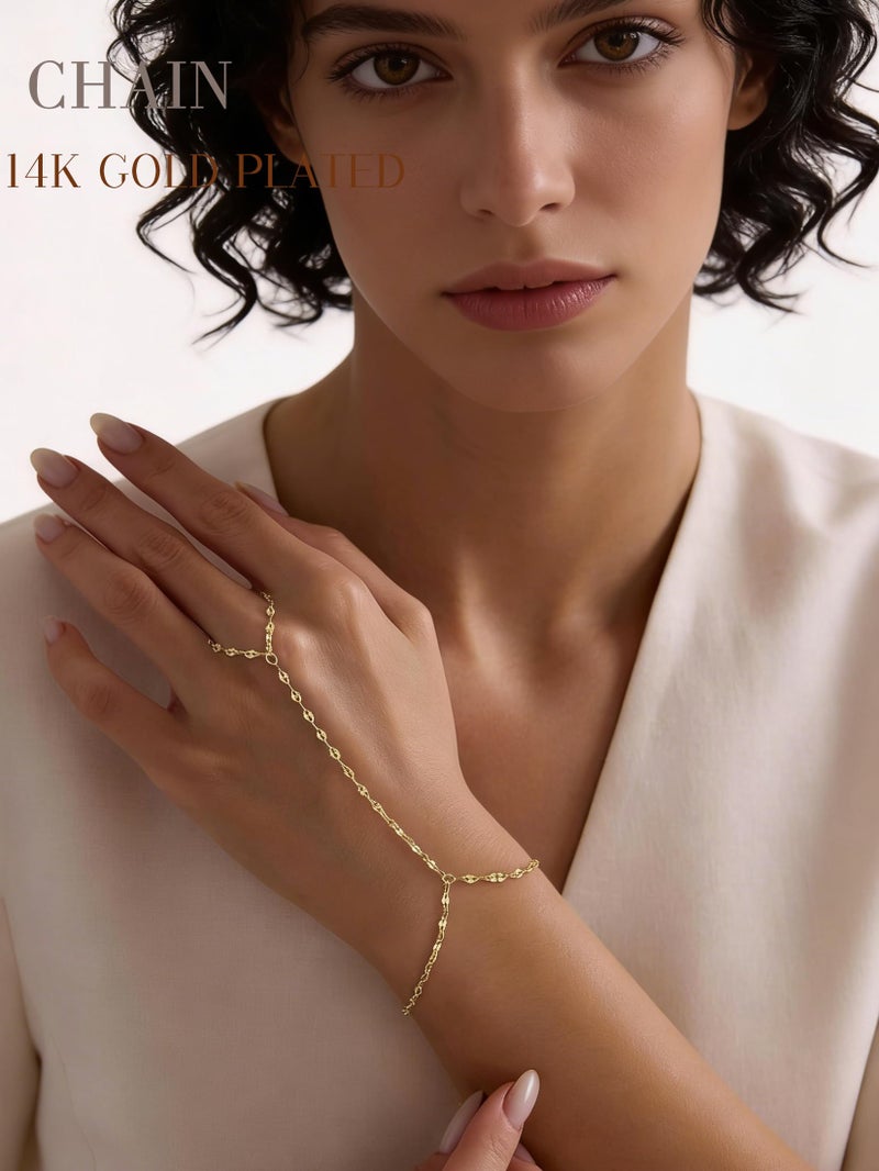 Shall Shell 4 Pcs Gold Hand Chain Bracelets for Women, Dainty 14K Gold Plated Ring Bracelet Hand Chain, Stackable Beaded Cubic Zirconia Bracelet Stack Jewelry Gifts - Image 4