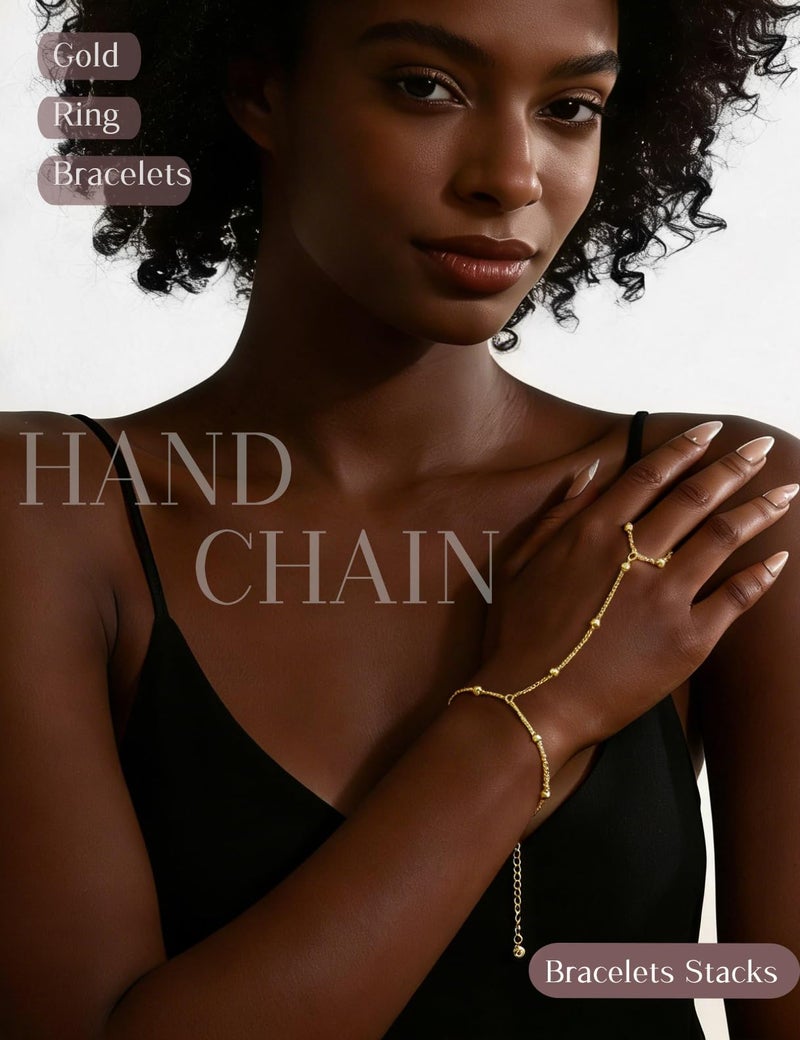 Shall Shell 4 Pcs Gold Hand Chain Bracelets for Women, Dainty 14K Gold Plated Ring Bracelet Hand Chain, Stackable Beaded Cubic Zirconia Bracelet Stack Jewelry Gifts - Image 2