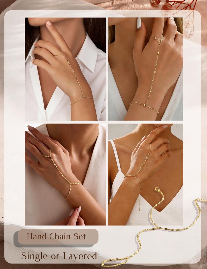 Shall Shell 4 Pcs Gold Hand Chain Bracelets for Women, Dainty 14K Gold Plated Ring Bracelet Hand Chain, Stackable Beaded Cubic Zirconia Bracelet Stack Jewelry Gifts - Image 5