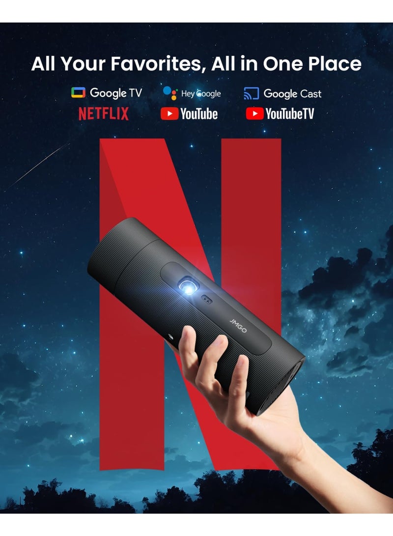 جمجو جهاز عرض JMGO PicoFlix محمول خارجي مع قاعدة دوارة، دقة 1080P FHD و3D، سطوع 420 ISO، ضبط تلقائي للتركيز، بطارية مدمجة لمدة 4.5 ساعات من مشاهدة الأفلام، Google TV مع Netflix، تقنية HDR10، مكبر صوت 10 واط – مثالي للتخييم والسفر - Image 2