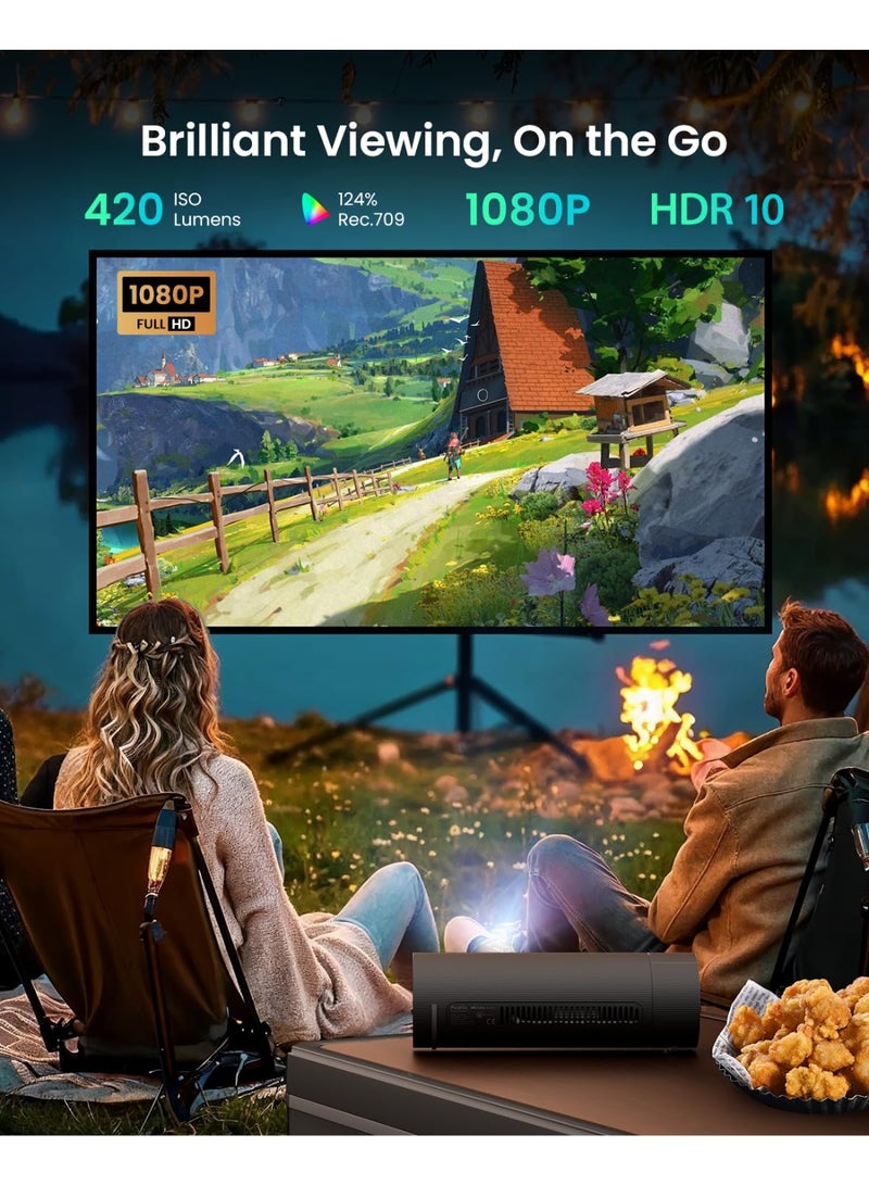 جمجو جهاز عرض JMGO PicoFlix محمول خارجي مع قاعدة دوارة، دقة 1080P FHD و3D، سطوع 420 ISO، ضبط تلقائي للتركيز، بطارية مدمجة لمدة 4.5 ساعات من مشاهدة الأفلام، Google TV مع Netflix، تقنية HDR10، مكبر صوت 10 واط – مثالي للتخييم والسفر - Image 3