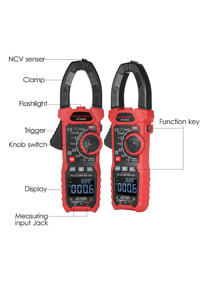 HABOTEST AC Digital Clamp Meter True-RMS Multimeter Anto-Ranging Multi Tester Current Clamp with Amp Volt Ohm Diode Capacitance Resistance Continuity NCV Temperature Duty Ratio VFD Tests  - Image 4
