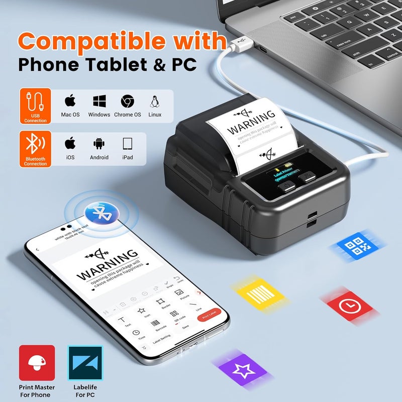 phomemo M120 Label Printer - 2 Inch Bluetooth Thermal Label Printer For Barcode, Address, Retail, Logo, Small Business, Sticker Maker Compatible With Phones & Pc, Support Arabic & English - Image 5