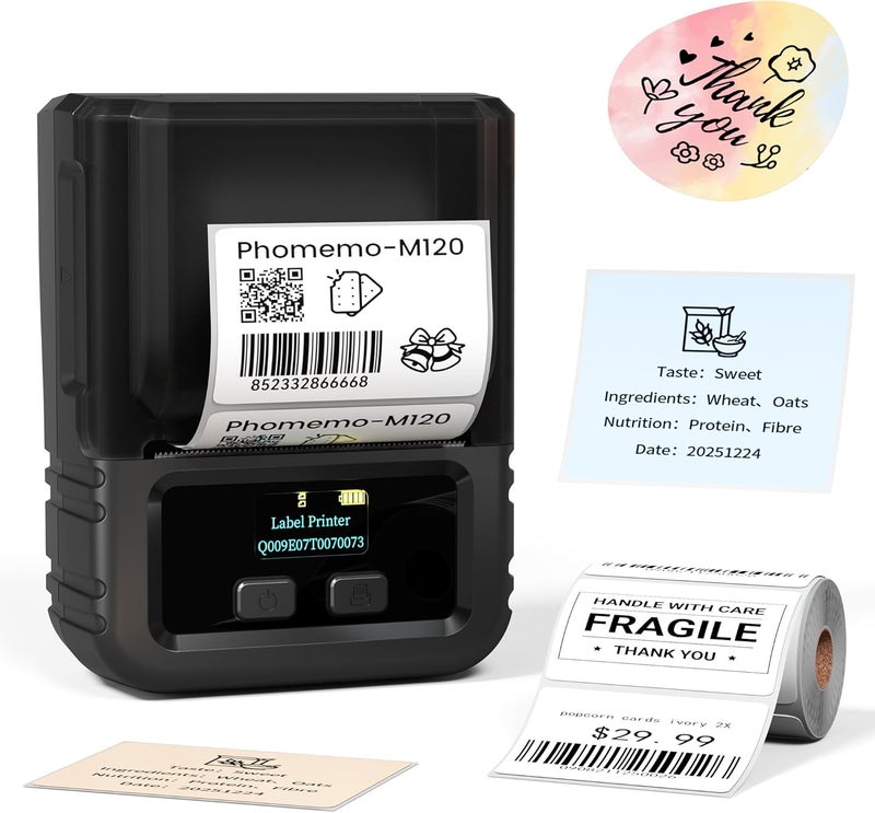 phomemo M120 Label Printer - 2 Inch Bluetooth Thermal Label Printer For Barcode, Address, Retail, Logo, Small Business, Sticker Maker Compatible With Phones & Pc, Support Arabic & English - Image 1