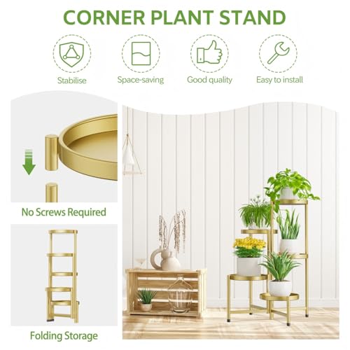 iDavosic.ly 5 Tier Large Plant Stand Indoor, 10 Inch Wide Tall Corner Metal Plant Stands Outdoor for Multiple Plants, Folding Tiered Flower Display Holder Rack Shelf, Gold - Image 5