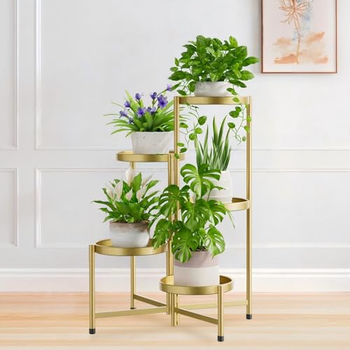 iDavosic.ly 5 Tier Large Plant Stand Indoor, 10 Inch Wide Tall Corner Metal Plant Stands Outdoor for Multiple Plants, Folding Tiered Flower Display Holder Rack Shelf, Gold - Image 1