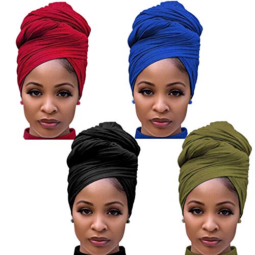 Youme 4 Packs Stretch Jersey Turban Heads Wrap African Head Wrap for Women Head Scarf Soft Headband Long Hair Scarf - Image 1