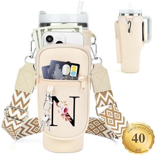 LOKASS Personalized Water Bottle Holder with Strap for Stanley Cup Accessories 40 oz Initial Stanley Cup Holder Carrier Bag with Phone Pocket Stylish Tumbler Accessories for Everyday Carry Beige N - Image 1