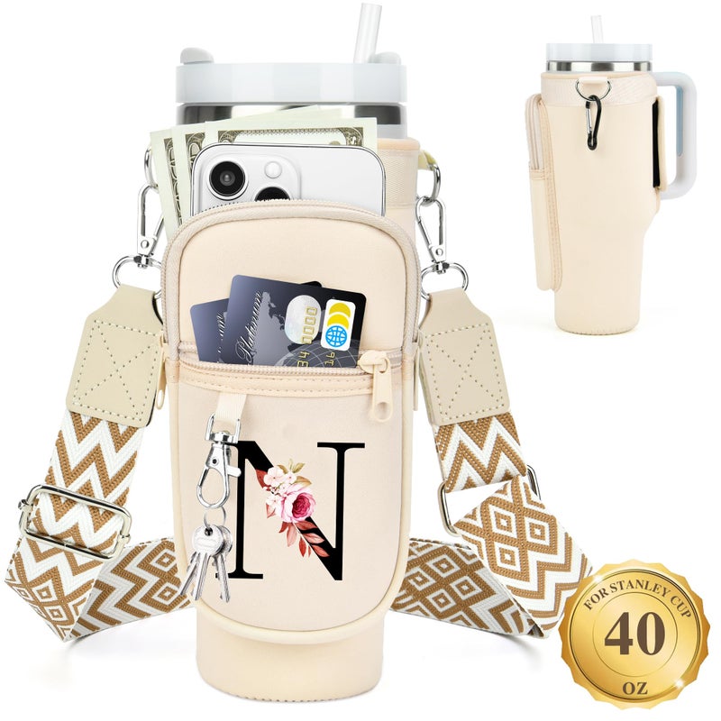 LOKASS Personalized Water Bottle Holder with Strap for Stanley Cup Accessories 40 oz Initial Stanley Cup Holder Carrier Bag with Phone Pocket Stylish Tumbler Accessories for Everyday Carry Beige N - Image 2