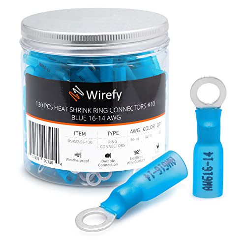 Wirefy Heat Shrink Ring Terminals #10 - Marine Grade Terminal, Waterproof Eyelet Wire Connectors - Red 16-14 AWG - 130 PCS - Heat Shrink Wire Connectors & Ring Terminal Kit - Image 1