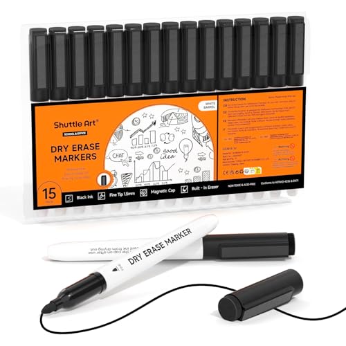 Shuttle Art Dry Erase Markers 15 Pack Black Magnetic Whiteboard Markers with EraseFine Point Dry Erase Markers Perfect For Writing on Whiteboards DryErase BoardsMirrors for School Office - Image 1