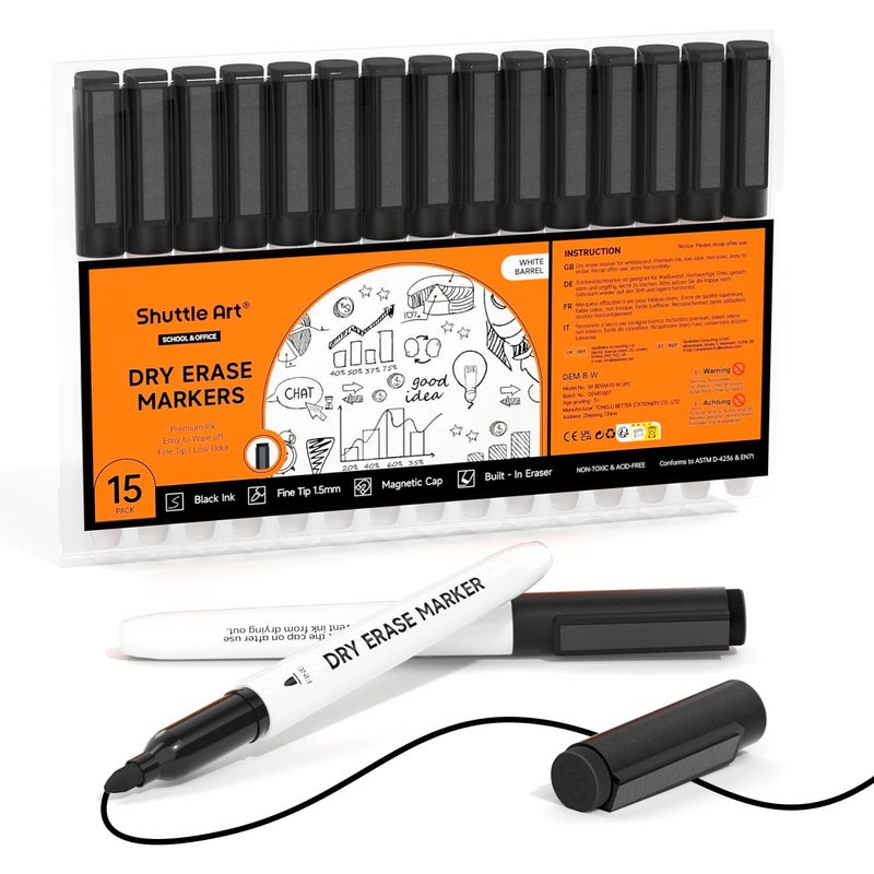 Shuttle Art Dry Erase Markers 15 Pack Black Magnetic Whiteboard Markers with EraseFine Point Dry Erase Markers Perfect For Writing on Whiteboards DryErase BoardsMirrors for School Office - Image 2
