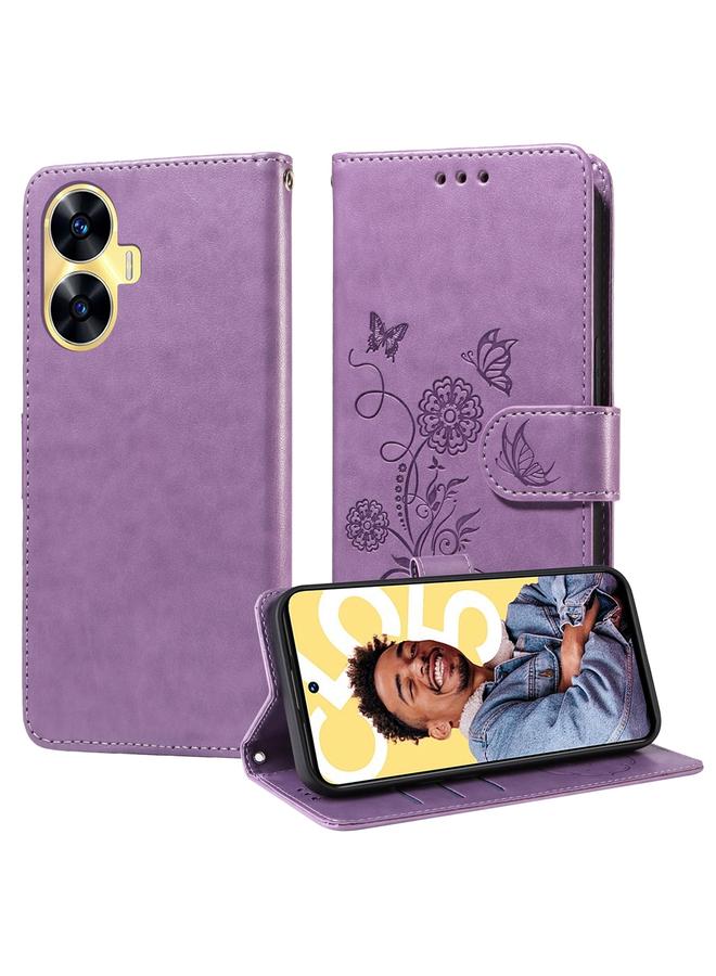 اس-توب جراب هاتف Realme C55 من الجلد المنقوش بزهور الفراشة - Image 1