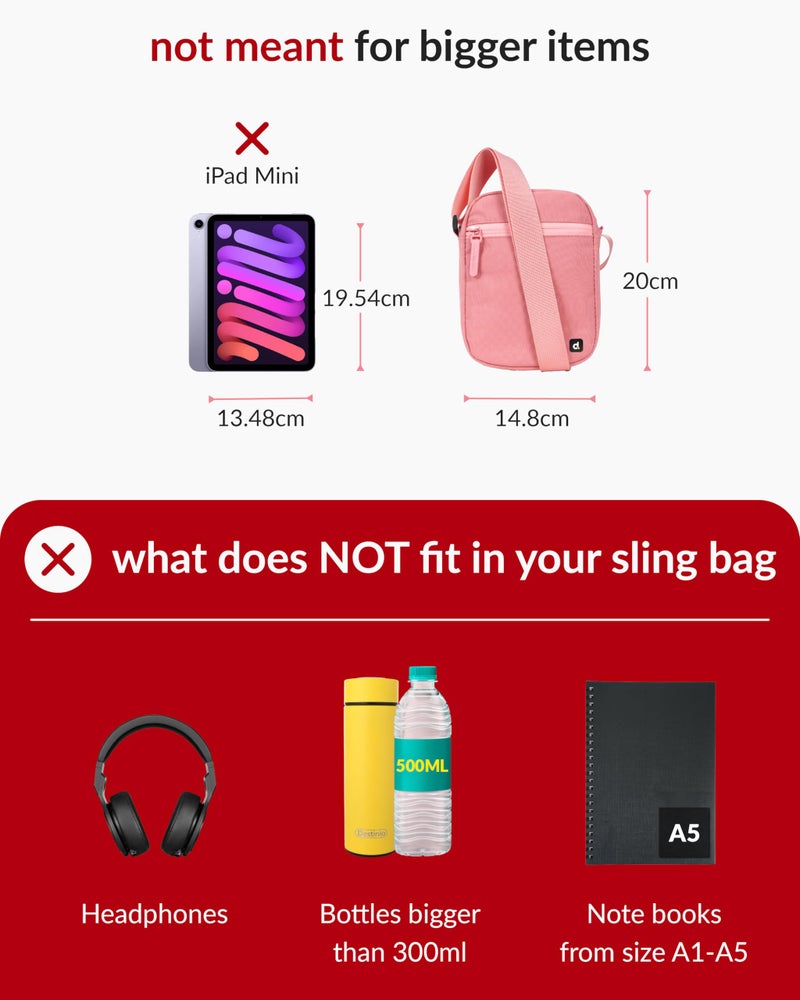 Destinio Small Crossbody Sling Bag for Men and Women - Waterproof Pocket and Zippers, Anti Theft Locking - Stylish Mini Side Bag for Man for Mobile, Passport (Pink, Small) - Image 4