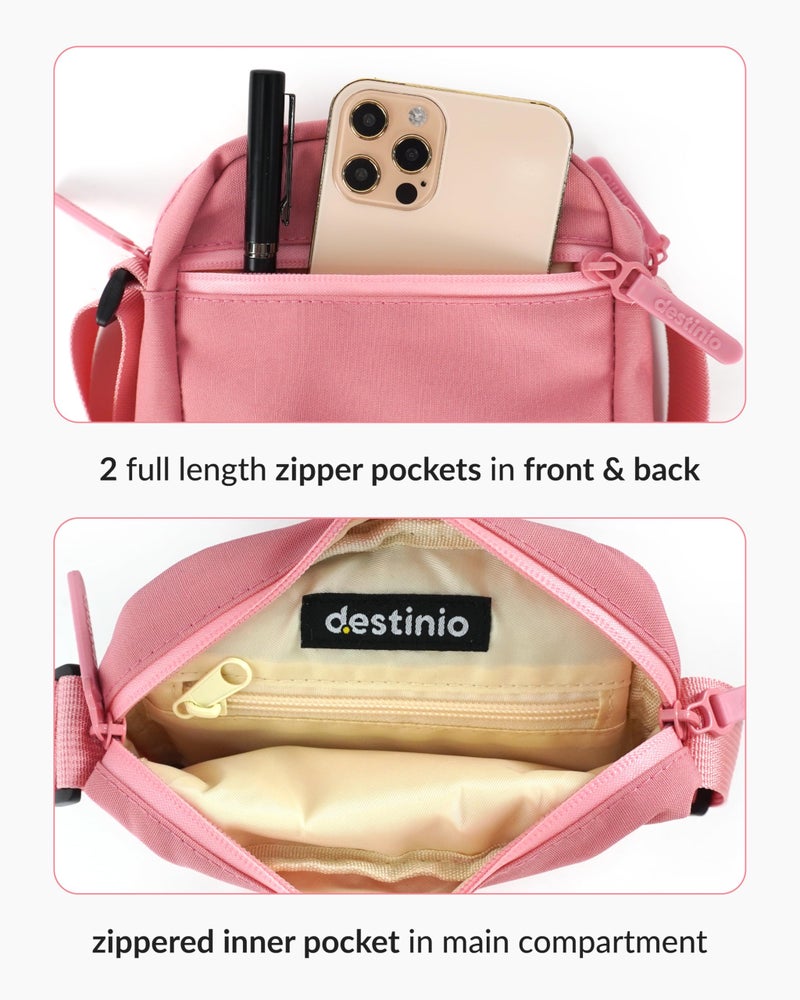 Destinio Small Crossbody Sling Bag for Men and Women - Waterproof Pocket and Zippers, Anti Theft Locking - Stylish Mini Side Bag for Man for Mobile, Passport (Pink, Small) - Image 2