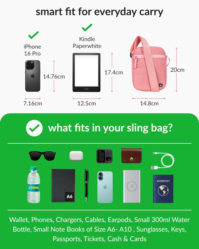 Destinio Small Crossbody Sling Bag for Men and Women - Waterproof Pocket and Zippers, Anti Theft Locking - Stylish Mini Side Bag for Man for Mobile, Passport (Pink, Small) - Image 3