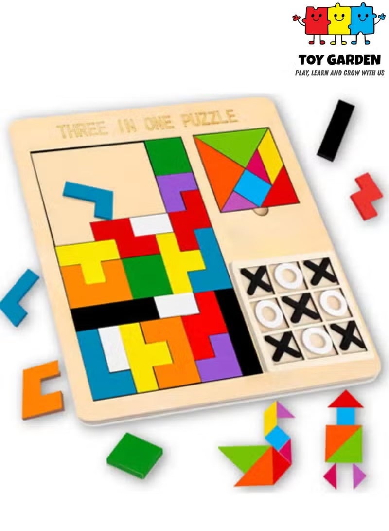 3-in-1 Puzzle Game for Kids - Educational Colorful Square Tangram, Chess, & Tic-Tac-Toe - Multicolor Wooden Building Blocks, Brain Teasers for Boys & Girls, XOXO Board Game Toy - Image 1