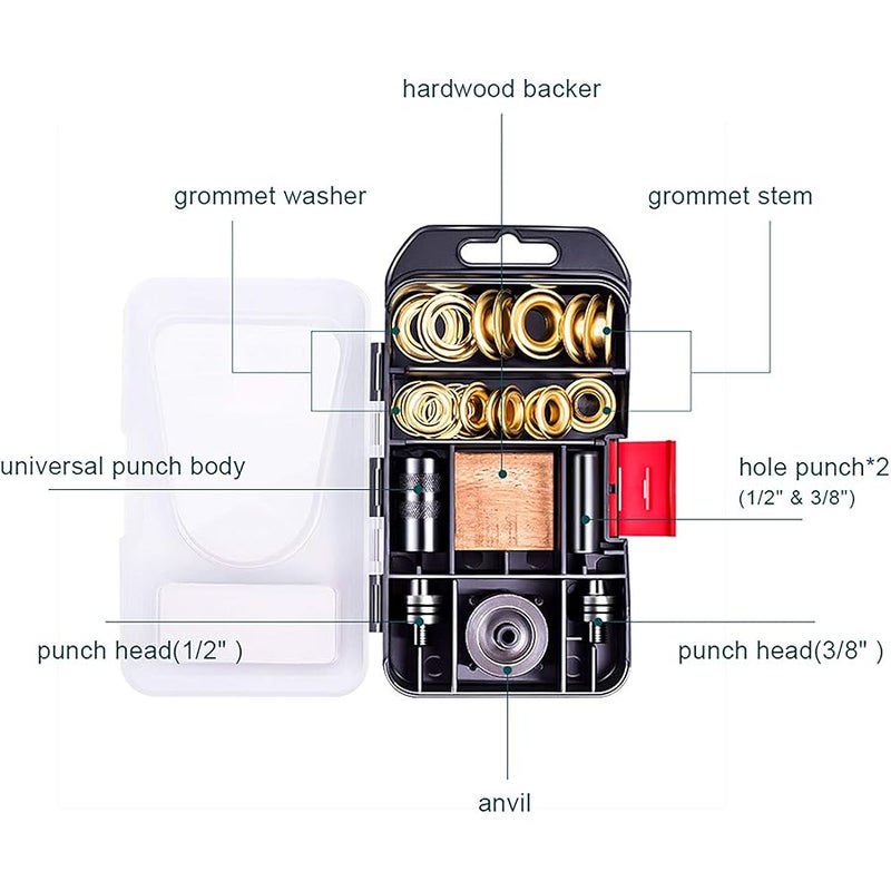 NEU MASTER Grommet Kit,  3/8 and 1/2 Solid Brass Grommets with Eyelets Setting Tool and Storage Box, NH1003K - Image 3