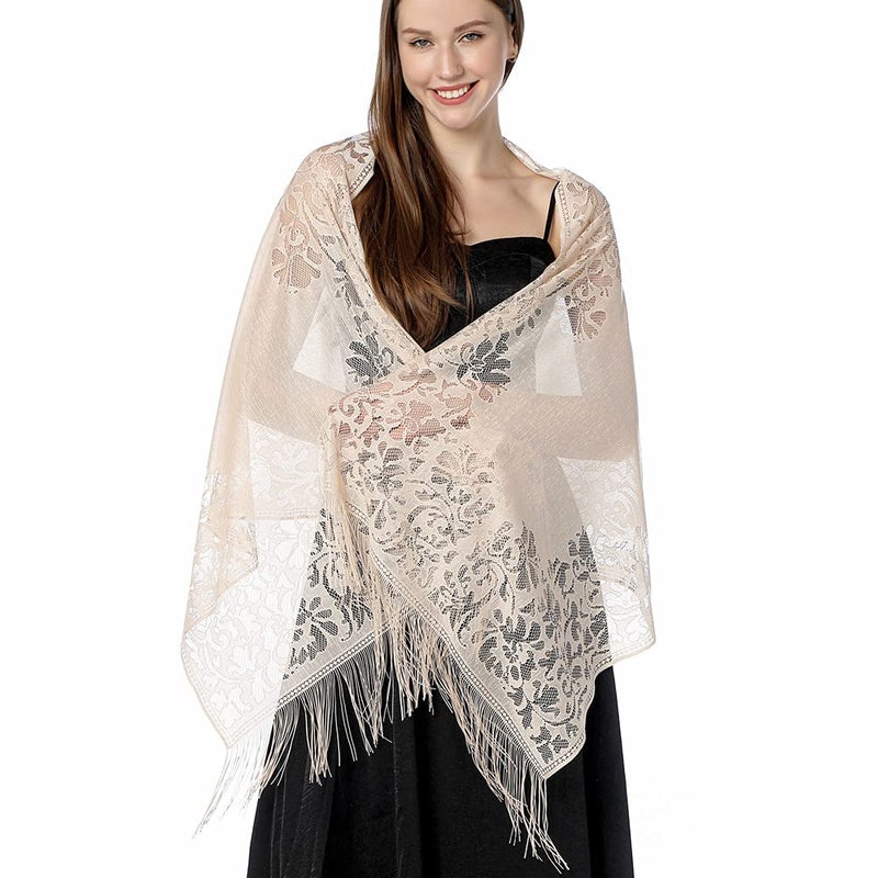 Ladiery Women's Floral Lace Scarf Shawl with Tassels, Soft Mesh Fringe Wraps for Wedding Evening Party Dresses - Image 1
