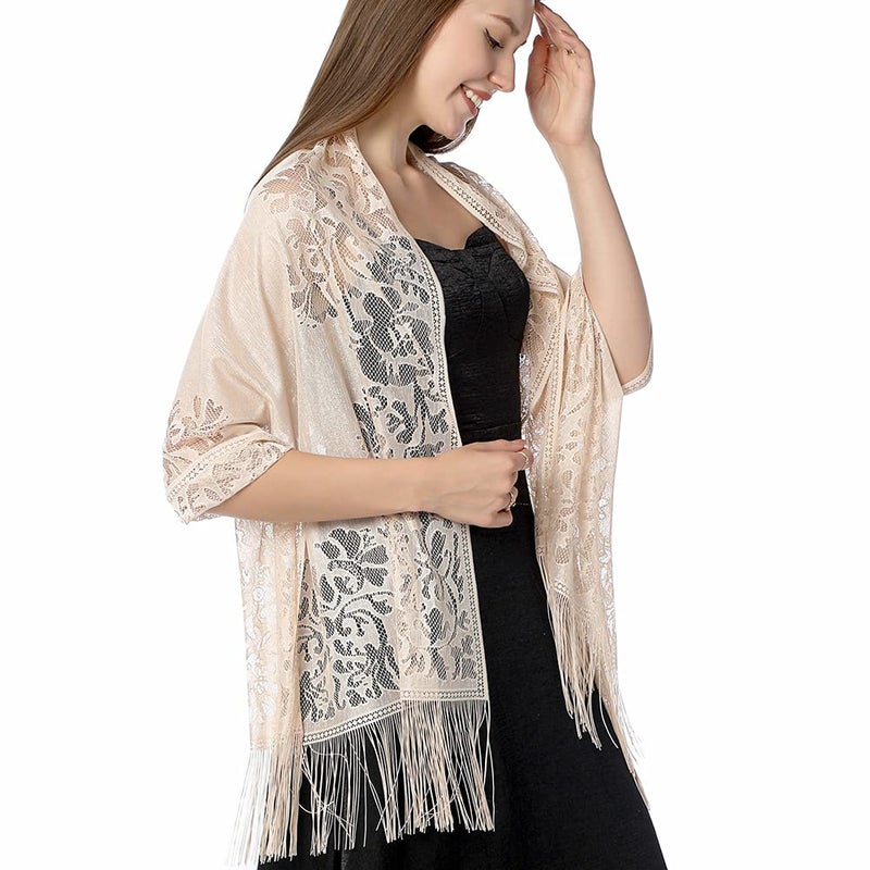 Ladiery Women's Floral Lace Scarf Shawl with Tassels, Soft Mesh Fringe Wraps for Wedding Evening Party Dresses - Image 3