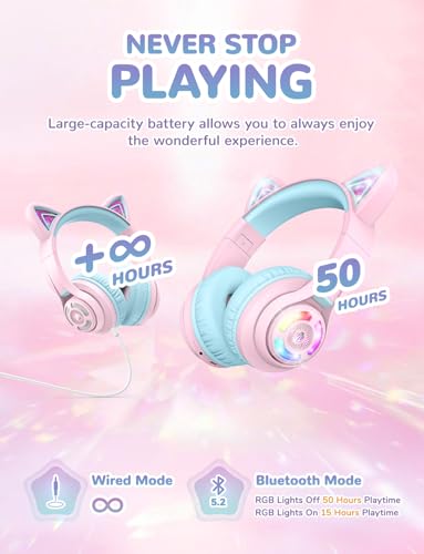 iClever Cat Ear Kids Bluetooth Headphones, LED Lights Up, 74/85dBA Safe Volume Limited, 50H Playtime,Bluetooth 5.2, USB C, Kids Headphones Wireless for Travel iPad Tablet, Meow Macaron Pink - Image 4