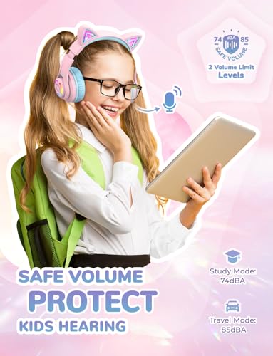 iClever Cat Ear Kids Bluetooth Headphones, LED Lights Up, 74/85dBA Safe Volume Limited, 50H Playtime,Bluetooth 5.2, USB C, Kids Headphones Wireless for Travel iPad Tablet, Meow Macaron Pink - Image 3