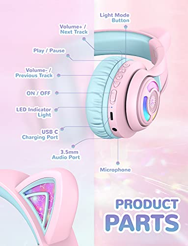 iClever Cat Ear Kids Bluetooth Headphones, LED Lights Up, 74/85dBA Safe Volume Limited, 50H Playtime,Bluetooth 5.2, USB C, Kids Headphones Wireless for Travel iPad Tablet, Meow Macaron Pink - Image 5