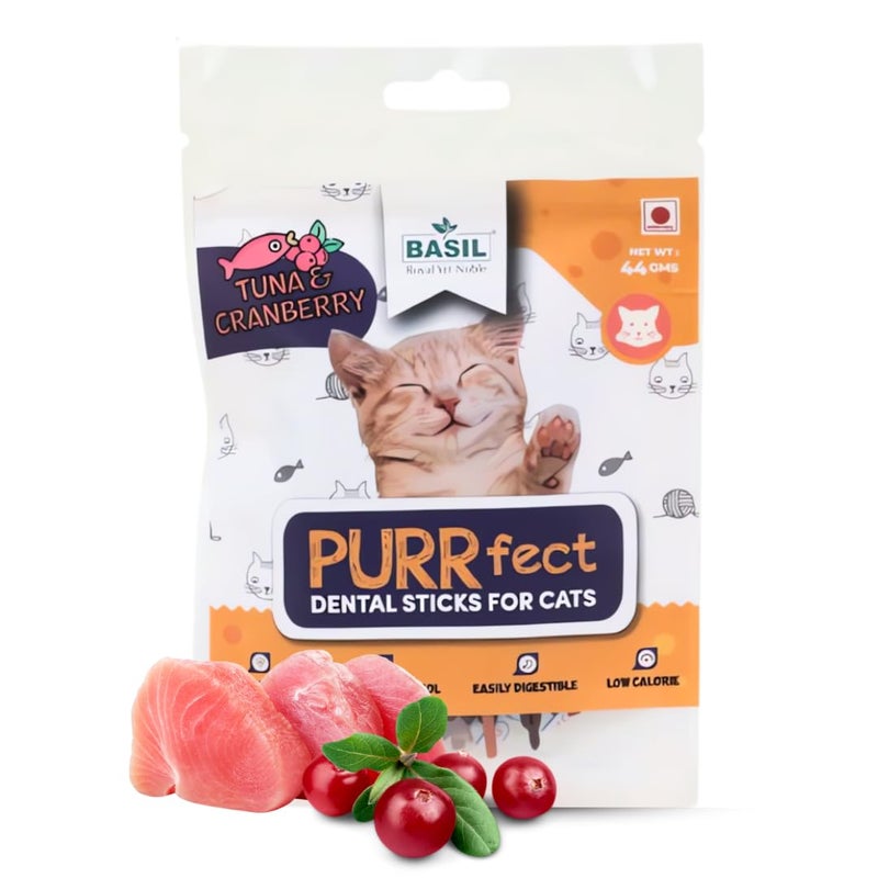 BASIL Purrfect Cat Dental Sticks | Tuna & Cranberry Treats for Adult Cats | Good for Oral Hygiene & Helps Control Hairballs, Supports Easy Digestion, and Promotes a Healthier Coat | 44g - Image 1