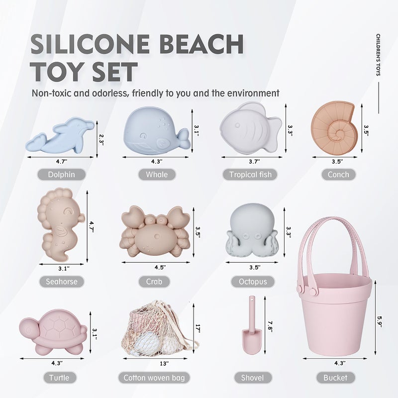 MarcZero 11Pcs Silicone Beach Toys,Modern Baby Beach Toys,Travel Friendly Beach Set,Silicone Bucket, Shovel, 8 Sand Molds, Beach Bag,Silicone Sand Toys for Toddlers, Kids (Pink) - Image 2