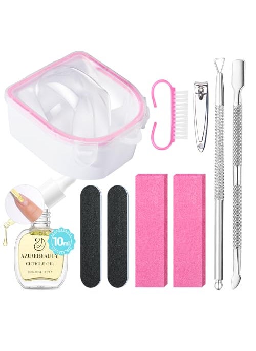 AZUREBEAUTY AZUREBEAUTY Nail Soaking Bowl, Soak Off Dip Powder Gel Polish Remover, Manicure Bowl for Hand with 15ml Cuticle Oil Cuticle Remover Tools, Nail Brush, Cuticle Pusher, Cuticle Peeler, Nail File Buffer 