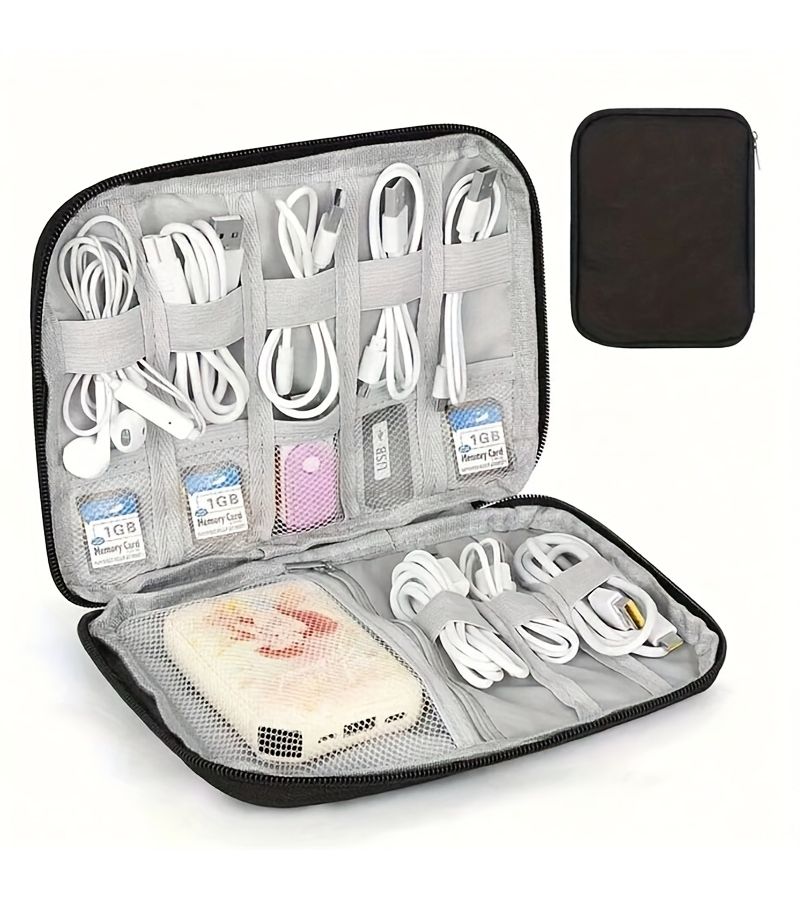 Black Electronic Cable Organizer Case Portable Tech Gear Pouch for Travel Office Essentials - Image 1