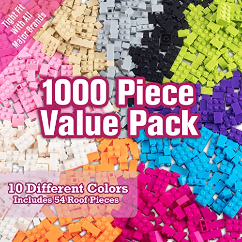 SCS Direct 1000 Pieces Friends Pastel Building Block Bricks 10 Colors 9 Shapes 54 Roof Pcs Compatible Tight Fit w Major Brands Activity for Creativity School Projects Kids Easter Basket Stuffer Gift - Image 1