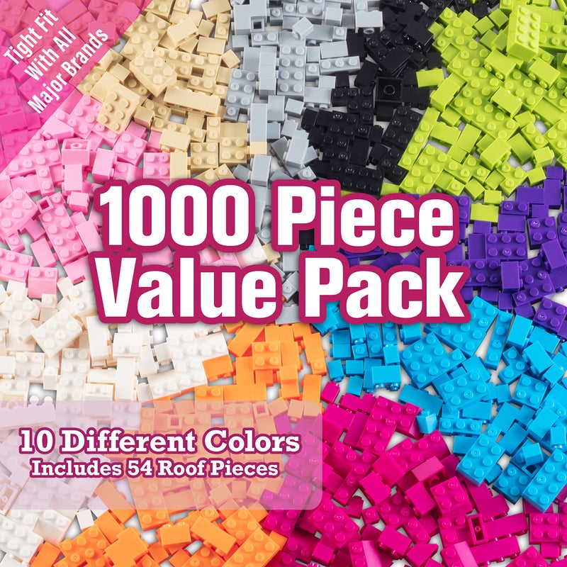 SCS Direct 1000 Pieces Friends Pastel Building Block Bricks 10 Colors 9 Shapes 54 Roof Pcs Compatible Tight Fit w Major Brands Activity for Creativity School Projects Kids Easter Basket Stuffer Gift - Image 2