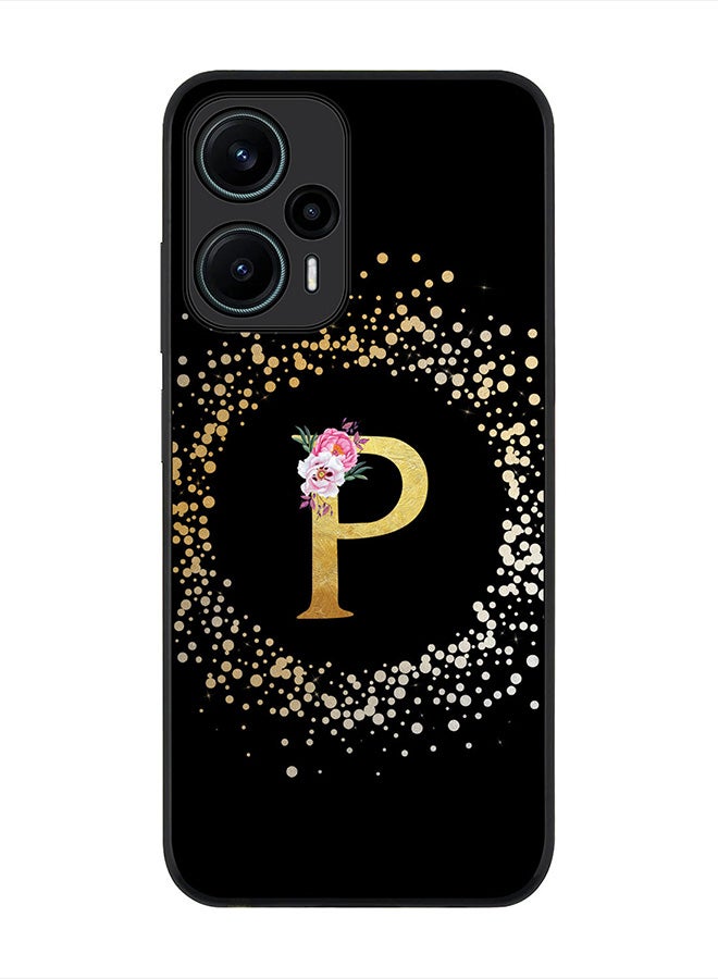 Stylizedd Cover for Xiaomi Poco F5 5G /Redmi Note 12 Turbo 5G Case Rugged Black Slim fit CasesCustom Monogram Initial Letter Floral Pattern Alphabet -P (Black) - Image 1