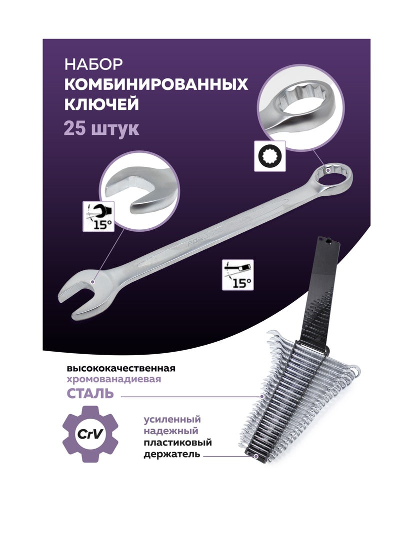 FORSAGE Set of Combination Wrenches 25pcs 6,7,8,9,10-2pcs,11,12-2pcs,13-2pcs,14-2pcs,15,16,17-2pcs,18,19,21,22,24,27,30,32mm in Plastic Holder - Image 3