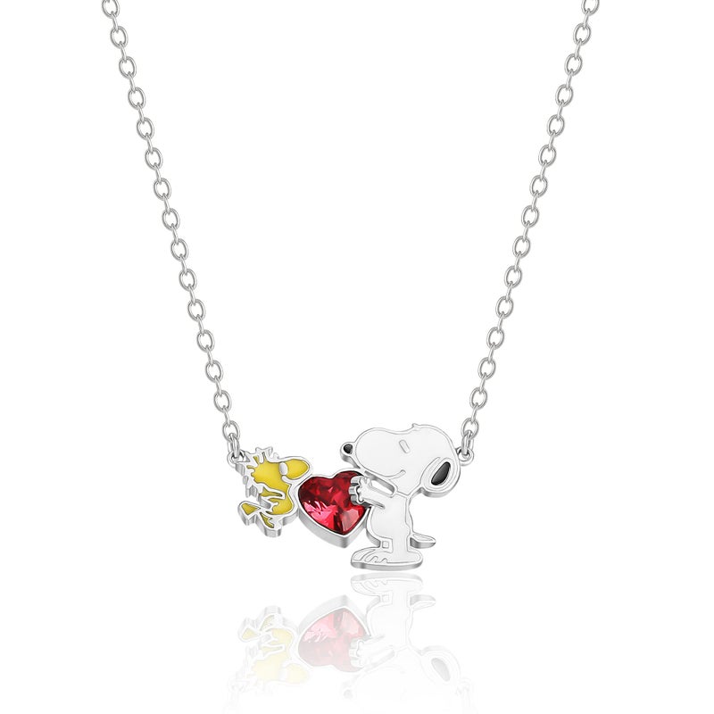 PEANUTS Womens Snoopy and Woodstock Red Crystal Heart Necklace 18" - Silver Plated Snoopy Necklace - Official License - Image 1