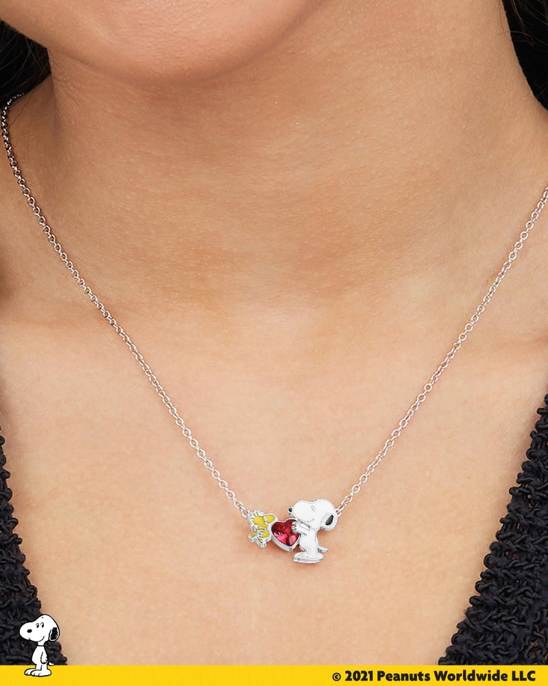 PEANUTS Womens Snoopy and Woodstock Red Crystal Heart Necklace 18" - Silver Plated Snoopy Necklace - Official License - Image 3