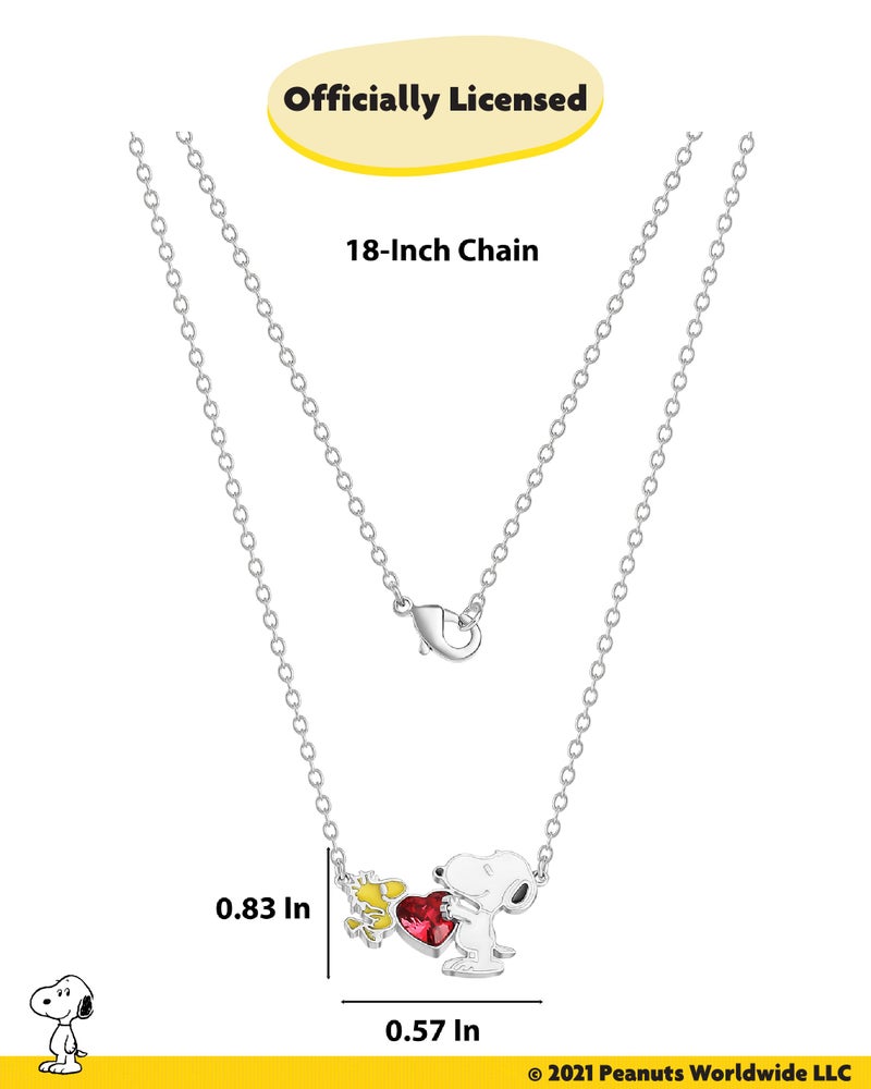 PEANUTS Womens Snoopy and Woodstock Red Crystal Heart Necklace 18" - Silver Plated Snoopy Necklace - Official License - Image 4
