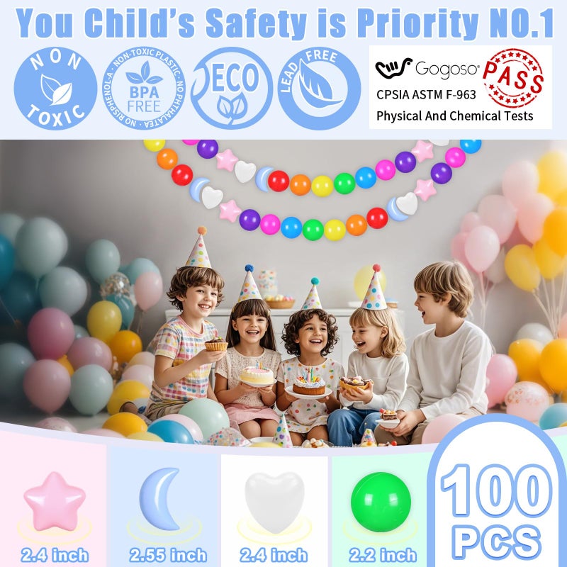 GOGOSO Star Heart Moon Ball Pit Balls  Shaped Play Balls for Ball Pit  100 200 500 1000 Crush Proof Bpa Free Kids Toddler Baby Pastel Pelotas Vibrant Rainbow Mix  100 - Image 5