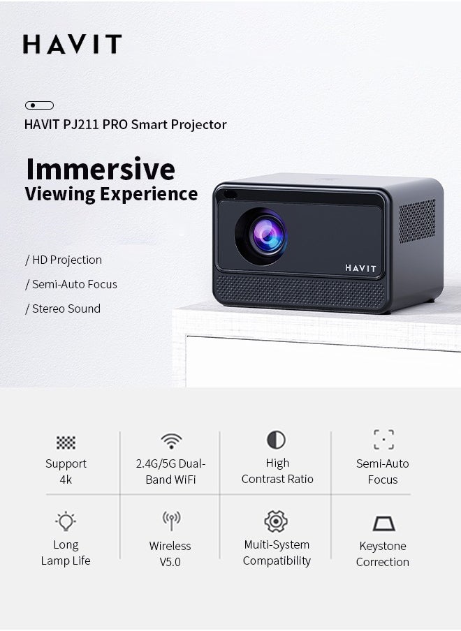 havit Portable 4K Projector with Dual-Band WiFi (2.4G/5G), Bluetooth 5.0, Compatible with Android, iOS, Windows, HDMI, and USB  - Image 2