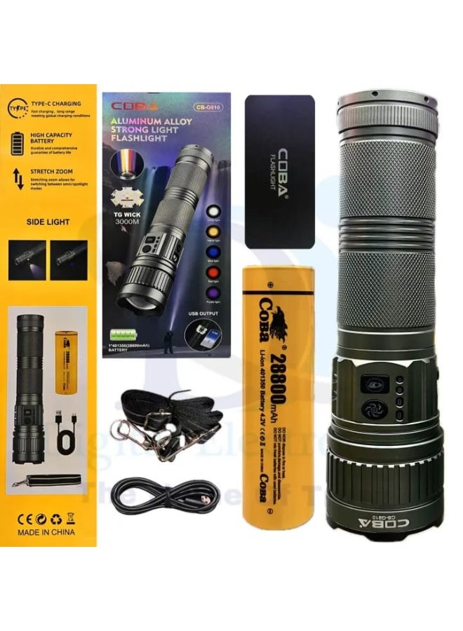 كوبا مصباح يدوي LED قابل لإعادة الشحن COBA CB-G910 بقوة 3000 لومن - مصباح من سبائك الألومنيوم بسعة 28800 مللي أمبير مع منفذ شحن من النوع C وبطارية متنقلة - Image 1