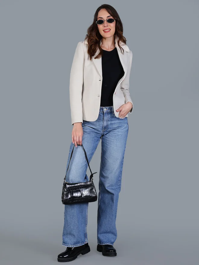 Fort Collins Women Off-White Button-Up Blazer with Faux Fur Collar