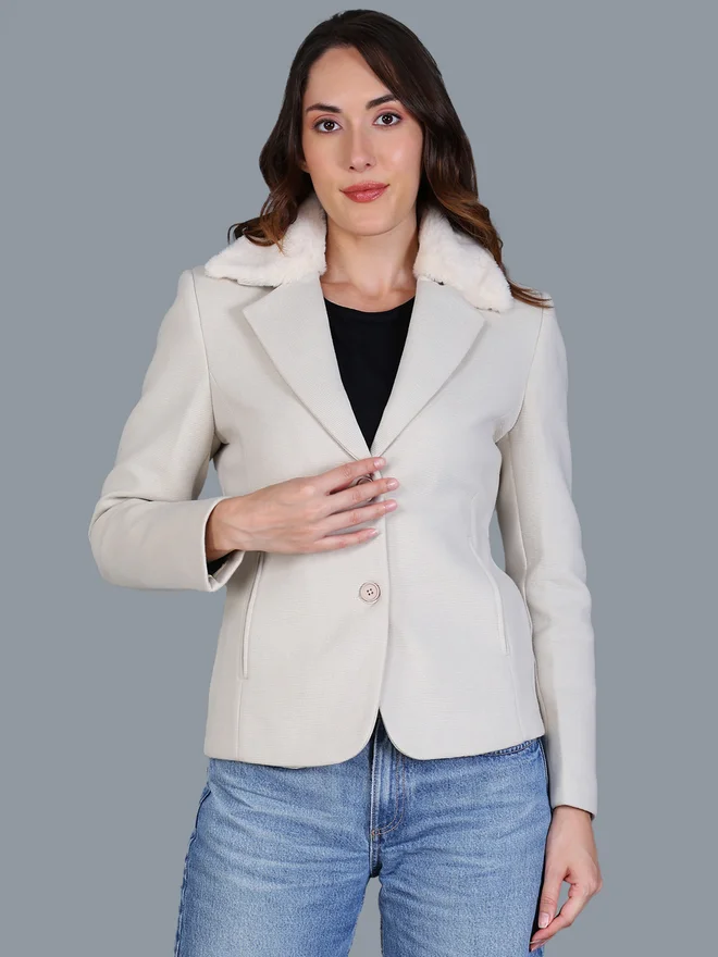 Fort Collins Women Off-White Button-Up Blazer with Faux Fur Collar