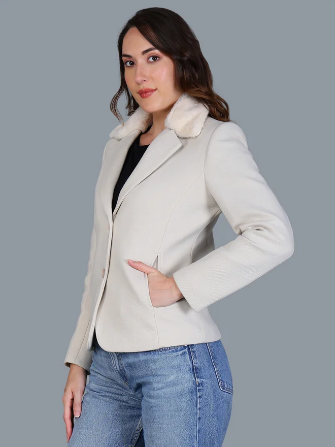 Fort Collins  Women Off-White Button-Up Blazer with Faux Fur Collar for Women | Best Price UAE