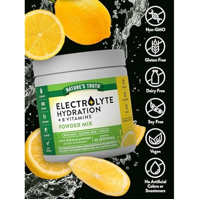 Nature's Truth Electrolytes Powder | No Sugar | with B Vitamins | Refreshing Lemon Flavor | Vegan, Non-GMO & Gluten Free Supplement for Hydration - Image 3