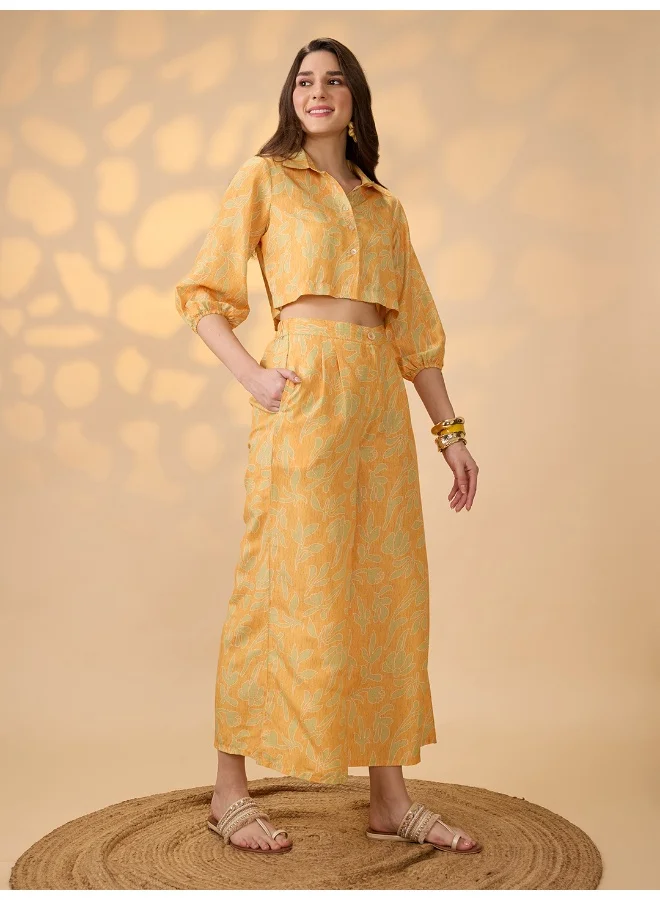 جلو باص Women Yellow Collared Neck Bishop Sleeves Floral Print Crop Shirt With Palazzos Fusion Co-Ord Set