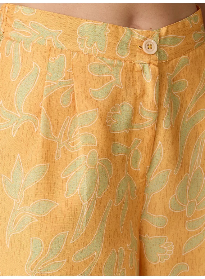 globus Women Yellow Collared Neck Bishop Sleeves Floral Print Crop Shirt With Palazzos Fusion Co-Ord Set