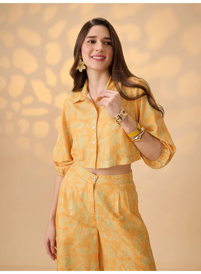 globus Women Yellow Collared Neck Bishop Sleeves Floral Print Crop Shirt With Palazzos Fusion Co-Ord Set