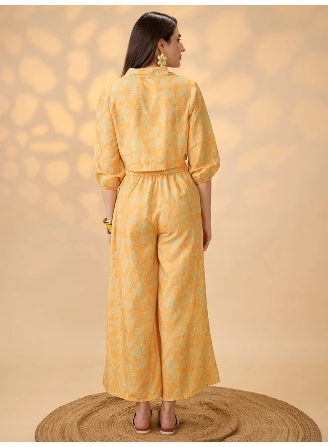 globus Women Yellow Collared Neck Bishop Sleeves Floral Print Crop Shirt With Palazzos Fusion Co-Ord Set